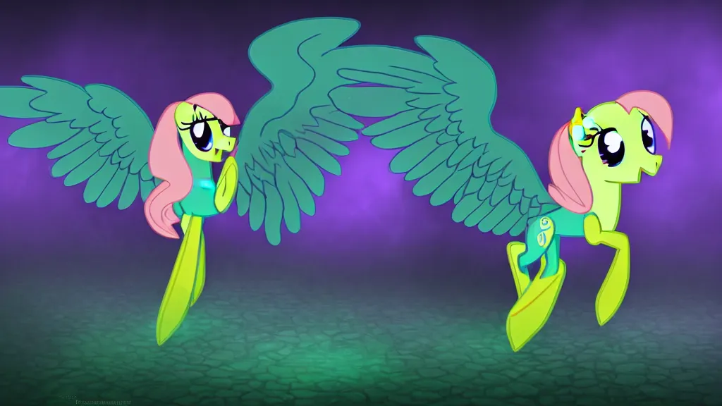 Prompt: 3D Fluttershy from My Little Pony as a necromancer, standing over a tomb stone, bright green swirls coming up it, glowing aura around her, pitch black background, dramatic and colorful lighting, she is surrounded by green chibi glowing skulls, smoke all around, insane special effects, unrealengine, 4k, HDR, unique camera angle, bones lying on the ground