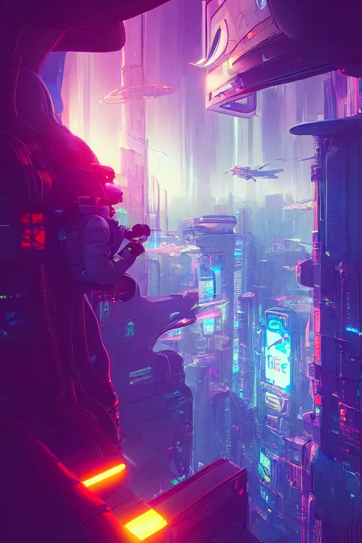 Prompt: A picture of an astronaut close to the camera in a upside down cyberpunk flying city by moebius, Neil Blevins and Jordan Grimmer, neon lights, surreal, :-volumetric lighting