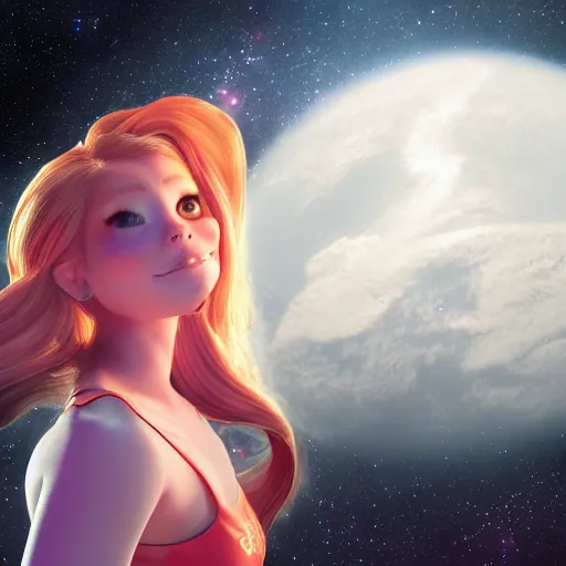 Image similar to photo realistic photo of belle delphine posing in space