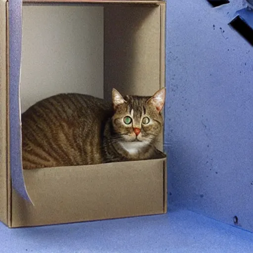 Prompt: schodingers cat inside the box in a quantum state, real life