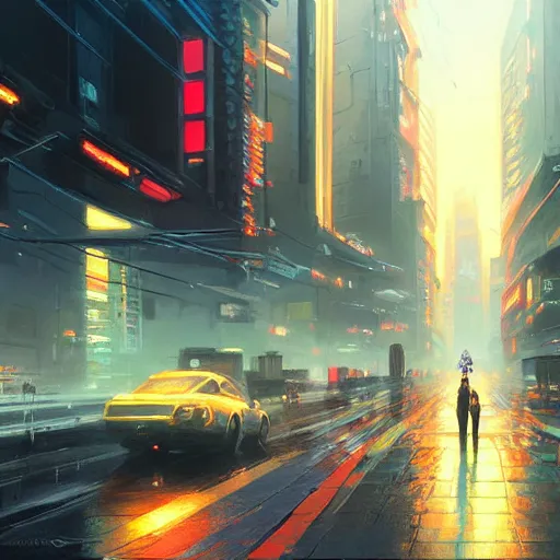 Image similar to A ultra detailed beautiful painting of a cyberpunk city street, oil panting, high resolution 4K, by Ilya Kuvshinov, Greg Rutkowski and Makoto Shinkai