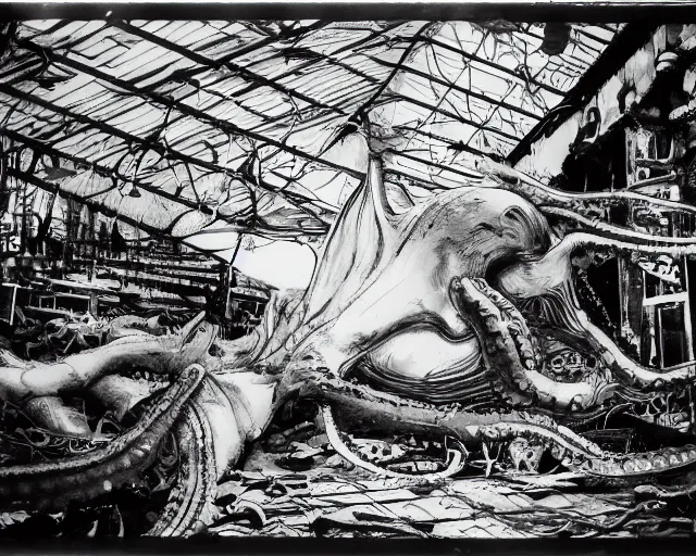 Image similar to camera footage of a extremely aggressive Giant mutated Octopus with glowing white eyes, Human Features, Teeth, in an abandoned shopping mall, Psychic Mind flayer, Terrifying, Silhouette :7 , high exposure, dark, monochrome, camera, grainy, CCTV, security camera footage, timestamp, zoomed in, Feral, fish-eye lens, Fast, Radiation Mutated, Nightmare Fuel, Wolf, Evil, Bite, Motion Blur, horrifying, lunging at camera :4 bloody dead body, blood on floors, windows and walls :5