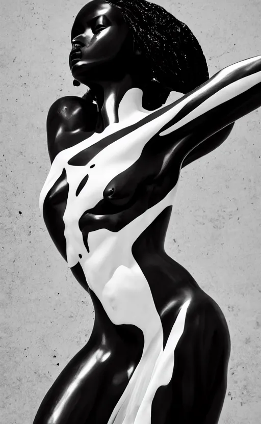 Image similar to extremely beautiful female black marble statue in the style of virgil abloh, colorful motocross logos behind her, sharp focus, clear, detailed,, cinematic, detailed, off white, glamourous, symmetrical, vogue, editorial, fashion, magazine shoot, glossy