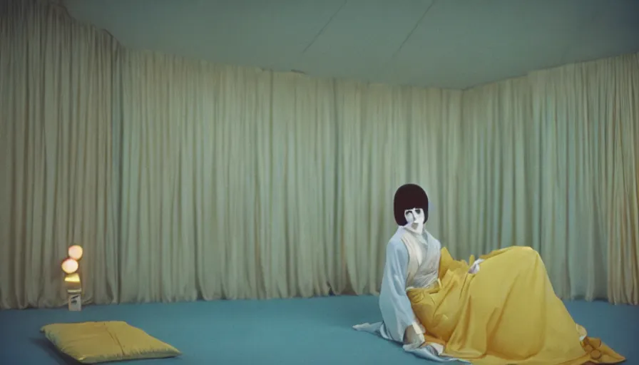 Image similar to 60s movie still of a white female japanese phantom in a yellow ballroom with light blue beds, cinestill 800t 35mm technicolor, heavy grain, high quality, higly detailed, liminal space style