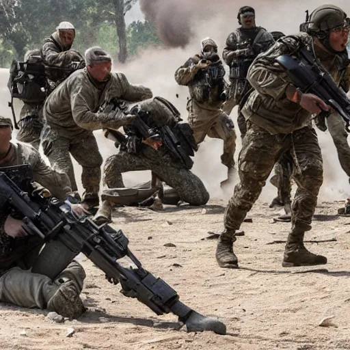 Prompt: Wounded Special Forces in grey uniform with black body armor under artillery fire in 2022, photo by Adam Ferguson, Pulitzer Winning, cinematic composition, breathtaking, modern, 2022