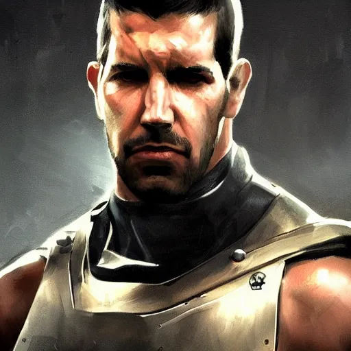 Prompt: portrait of a man by greg rutkowski, he looks like scott adkins, he is wearing a black superhero kevlar gear, highly detailed portrait, digital painting, artstation, concept art, smooth, sharp foccus ilustration, artstation hq