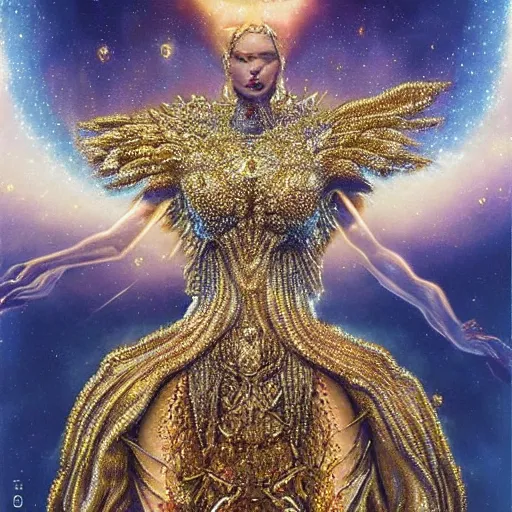 Image similar to full body made of diamonds , wearing a golden koftan ,thunder, shining light, nebulas, god rays by Karol Bak, Ayami Kojima, Amano and Olivier Ledroit