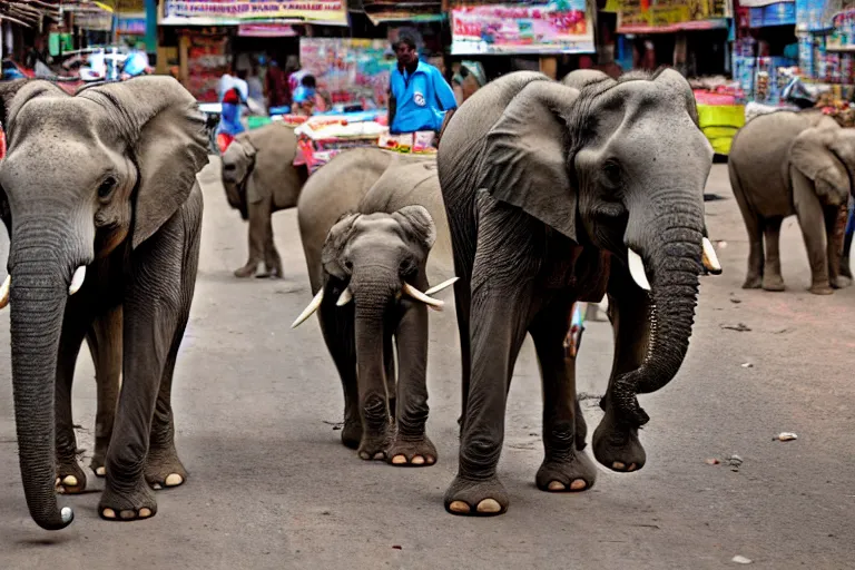 Image similar to elephants walking through an street market in India