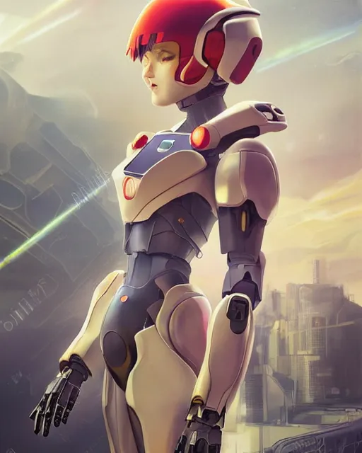 Image similar to beautiful delicate imaginative streamlined mecha neon genesis evangelion elegant futuristic close up portrait of a pilot female sitting with elegant deadly looks, armor with gold linings by ruan jia, tom bagshaw, alphonse mucha, futuristic buildings in the background, epic sky, vray render, artstation, deviantart, pinterest, 5 0 0 px models