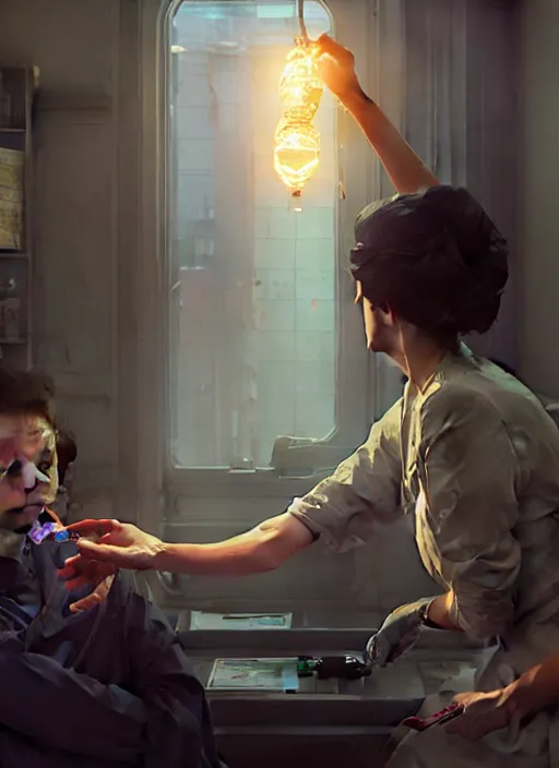 Image similar to highly detailed portrait marie curie getting vaccinated in gta v, stephen bliss, unreal engine, fantasy art by greg rutkowski, loish, rhads, ferdinand knab, makoto shinkai and lois van baarle, ilya kuvshinov, rossdraws, tom bagshaw, global illumination, radiant light, detailed and intricate environment