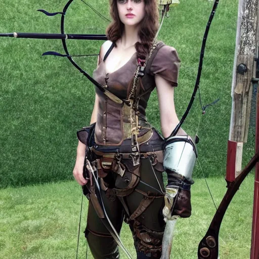 Prompt: photo of alexandra daddario as a steampunk archer, full shot,