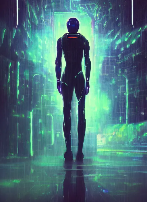Image similar to one cyber godly person made of cosmic nebula galaxy energy watching a rainy colorful complex cyberpunk futuristic city from behind at night through a window in a room, reflections, high contrast, 8 k, photorealistic, concept art, wet, highly detailed, cinematic mood by ridley scott, ghost in the shell, trending on artstation, glowing lights, sharp focus, epic