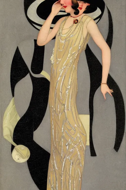 Image similar to a oil painting depicting a Jazz Age high society figure, 1920s style, smooth, highly detailed, high contrast, Coles Phillips, Dean Cornwell, JC Leyendecker, 8K