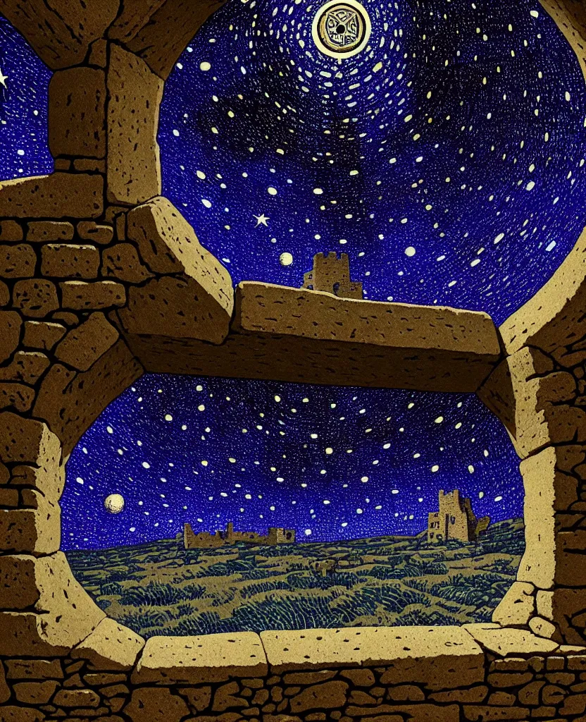 Prompt: stone wall inside of a ancient castle, round window looking out to the starry night sky, high details, intricately detailed, by vincent di fate, inking, 3 color screen print, masterpiece, trending on artstation,, sharp, details, hyper - detailed, hd, 4 k, 8 k