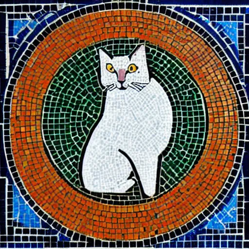 Image similar to a greek mosaic stylistically simplistic representation of an orange white tabby cat