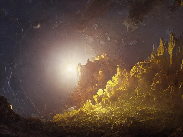 Prompt: an oil painting of an alien planet with a fractal crystal floating above the ground reflecting light by carl spitzweg and tuomas korpi. baroque elements, full-length view. baroque element. intricate artwork by caravaggio. Trending on artstation. 8k