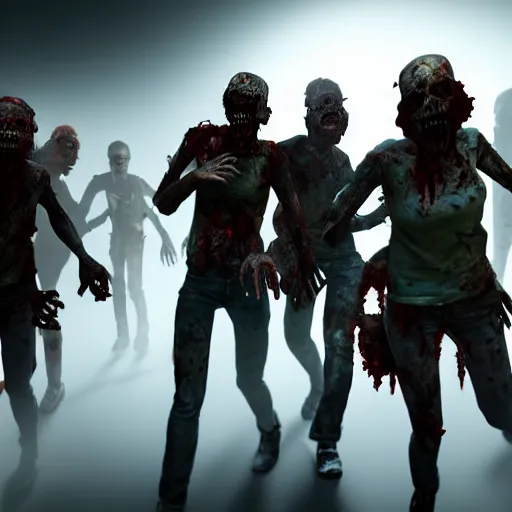 Prompt: a group of zombies coming towards the camera, highly detailed, photorealistic portrait, bright studio setting, studio lighting, crisp quality and light reflections, unreal engine 5 quality render