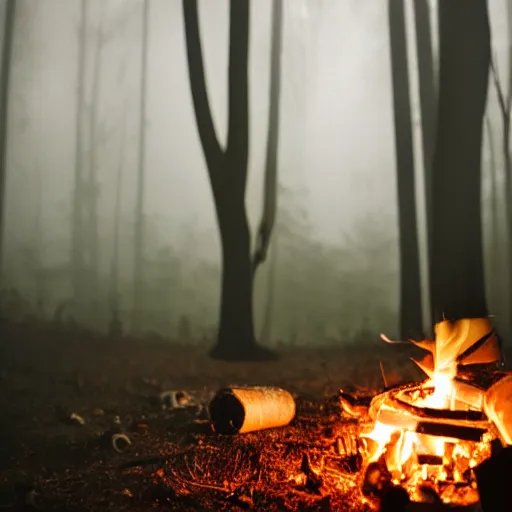 Image similar to studio photography of a book next to a campfire, nightime, spooky woods, fog, scary, horror, frightening