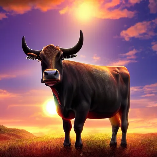 Image similar to fantasy cow looking at sunset, high detail, fantasy art, concept art, 4 k, ultra detail, computer art