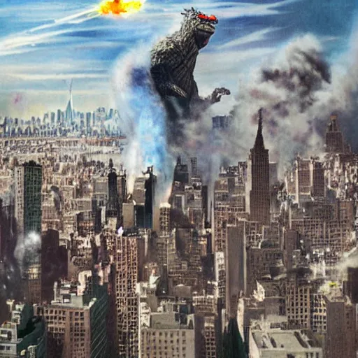 Image similar to kim jongzilla destroying manhattan new york city, kim jong - un, godzilla, destruction, hyper realistic, helicopter photo