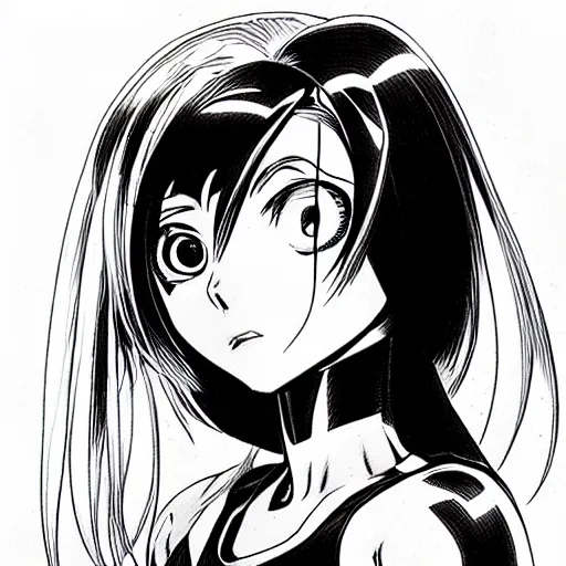 Image similar to alita by yukito kishiro. medium shot. black and white manga. pencil drawing.