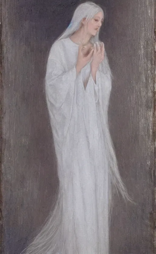 Image similar to say who is this with silver hair so pale and wan! and thin? female angel in white robes flowing hair body, white dress!! of silver hair, covered!!, clothed!! lucien levy - dhurmer, fernand keller, oil on canvas, 1 8 9 6, 4 k resolution, aesthetic, mystery