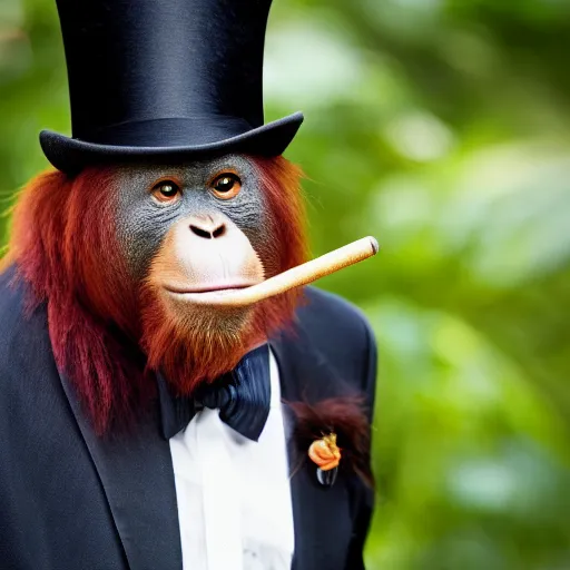 Image similar to professional portrait of an orangutan wearing a black suit a top hat and a monocle smoking a cigar in the Central Park Zoo, 8k, detailed