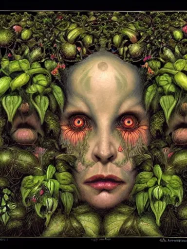 Image similar to The Hanging-Gardens of Pareidolia, ivy, verbena and pothos growing facial features and optical-illusions!!!!!, aesthetic, by Gerald Brom in the style of Johfra Bosschart in the style of,