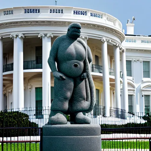 Image similar to a large marble statue of Homer Simpson outside the White House, dslr photo, 50mm