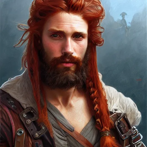 Prompt: portrait of a young rugged pirate, male, masculine, upper body, red hair, long hair, d & d, fantasy, intricate, elegant, highly detailed, digital painting, artstation, concept art, matte, sharp focus, illustration, art by artgerm and greg rutkowski and alphonse mucha