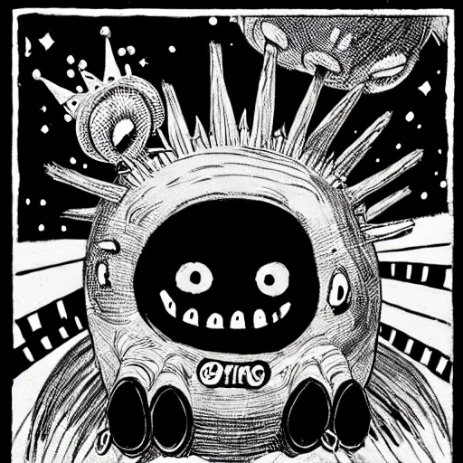 Prompt: black and white trippy comic art of a mutant pig wearing a gold crown fighting aliens, lots of particles, drawn by Martin Rowson, Tim Burton, Studio Ghibli, Alex Pardee, Nekro Petros Afshar, James McDermott, cgsociety 4K