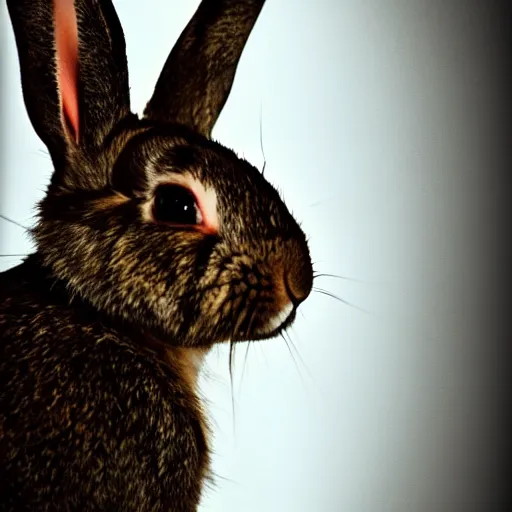 Image similar to profile portrait of a rabbit looking in a mirror, dark room, top lit