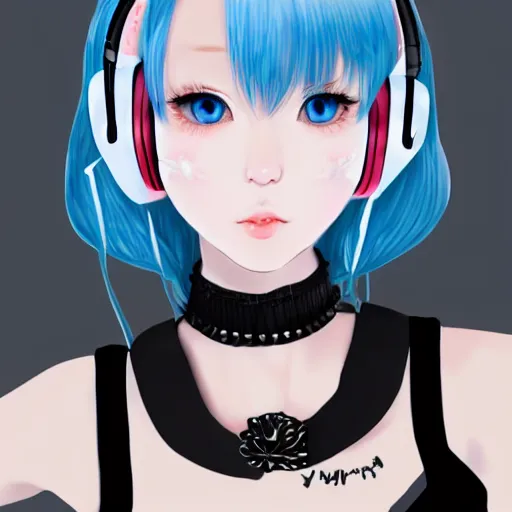 Image similar to realistic teasing detailed semirealism beautiful gorgeous cute Blackpink Lalisa Manoban white hair white cat ears blue eyes, wearing black camisole outfit, headphones, black leather choker full HD 4K high resolution quality WLOP, Aztodio, Taejune Kim, Guweiz, Pixiv, Instagram, Artstation