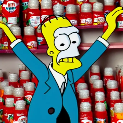 Prompt: mr. burns with arms up in the air holding ketchup bottles that are spraying ketchup like fireworks, simpsons, cartoon