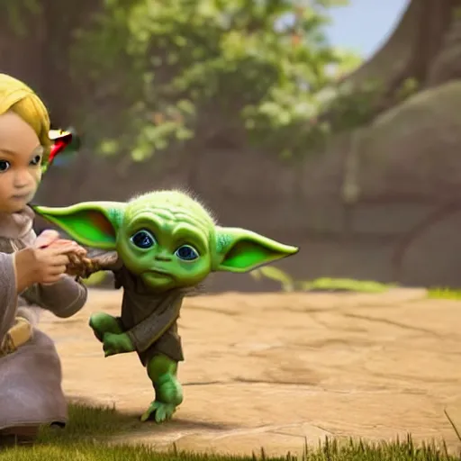 Image similar to zelda playing with baby yoda, detailed, hyper realistic, 4 k octan render, unreal 5