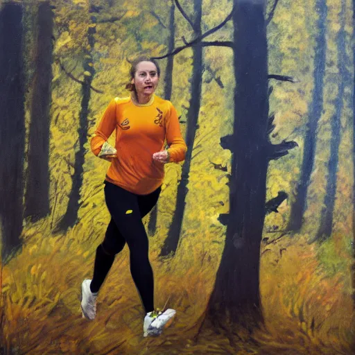 Prompt: a female orienteer wearing a yellow long - sleeved shirt and black tights runs in the forest, oil on canvas.