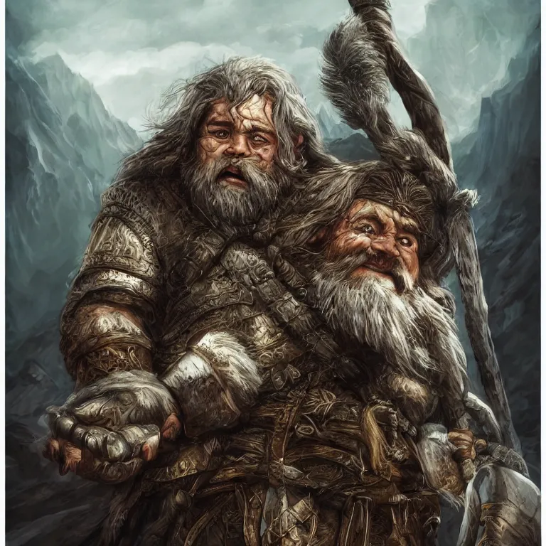 Prompt: dwarf warrior in mountains, lord of the rings style, poster, character portrait, portrait, close up, concept art, intricate details, highly detailed, full body, 8 k