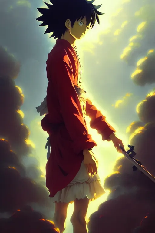 Image similar to baroque oil painting full body portrait character concept art, anime key visual of luffy studio lit directed gaze, trending on pixiv fanbox, painted by greg rutkowski makoto shinkai takashi takeuchi studio ghibli