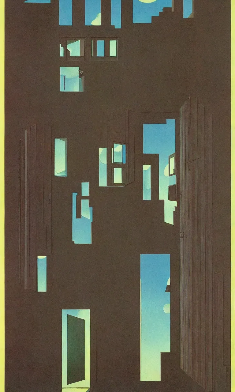 Prompt: Bauhaus Poster by Richard Corben by René Magritte, a door to an abnormal world, surrealism, nightscape