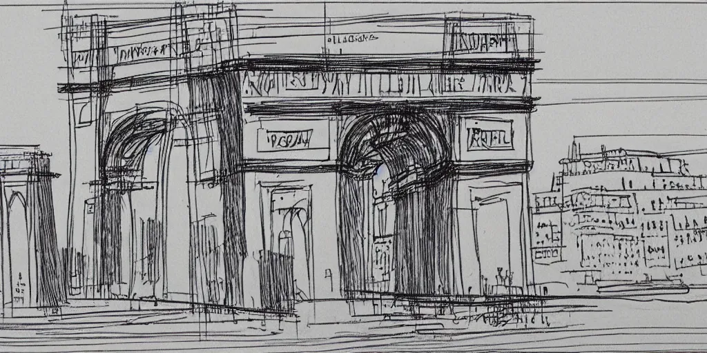 Prompt: architectural schematics Paris Arc de triomphe, drawn by Ed Wood Jr, in the style of Bauhaus