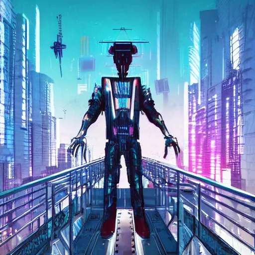 Image similar to a man standing on top of a bridge over a city, cyberpunk art by Vincent Lefevre, behance contest winner, altermodern, cityscape, synthwave, matte painting