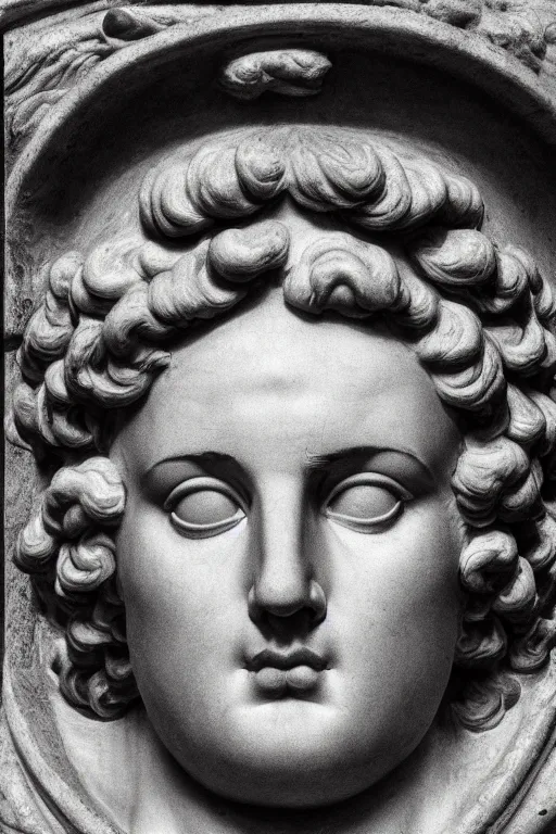 Image similar to Adam, face, closeup, ultra detailed, black granite, Guido Reni style