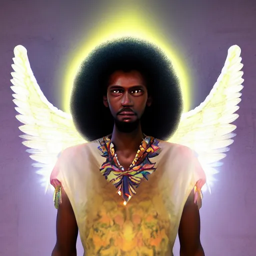 Prompt: Portrait of a Afro caribbean with angel wings, and a glowing halo, white lighting, digital art by Eiichiro Oda, highly detailed, trending on artstation, award winning,