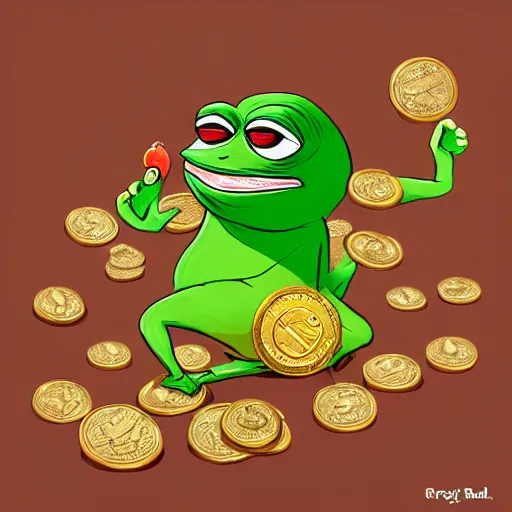 Image similar to super rich happy pepe, coins, gold, crystals, greg rutkowski