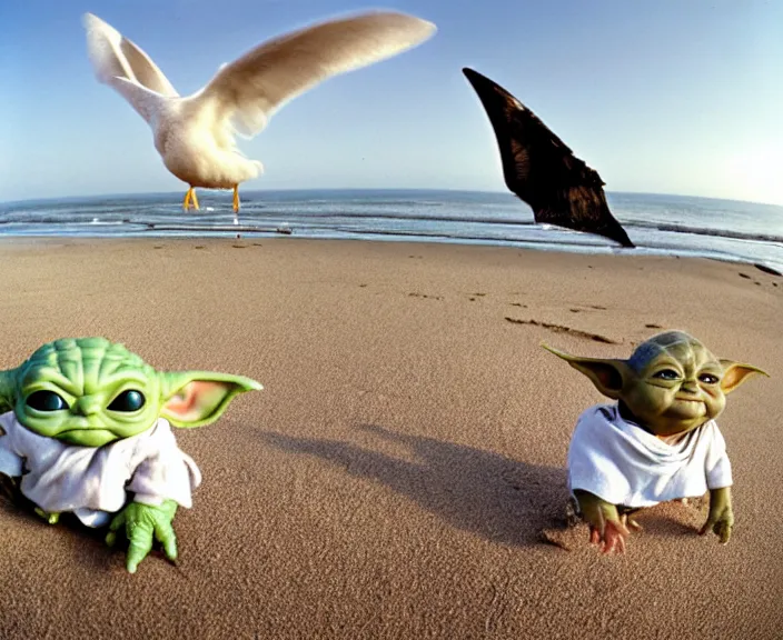 Prompt: wide angle photo of a very detailed baby yoda!! sharp. at the beach next to a big seagull!!!!. photo by martin parr and annie lebovitz. fisheye lens