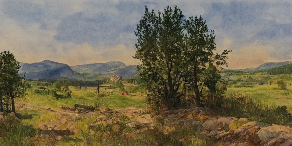 Image similar to dramatic swedish country side, mountains in the background, dramatic lighting, in the style of carl larsson