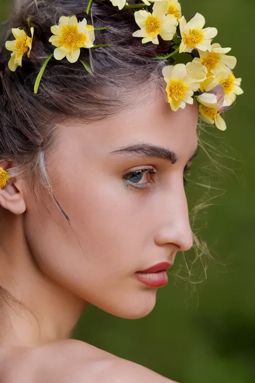 Image similar to photograph of an olive skinned female model in her twenties, her hair pinned up with flowers, wearing a designer top, looking content, focused on her neck, photo realistic, extreme detail skin, natural beauty, no filter, slr, golden hour, 8 k, high definition, selfie