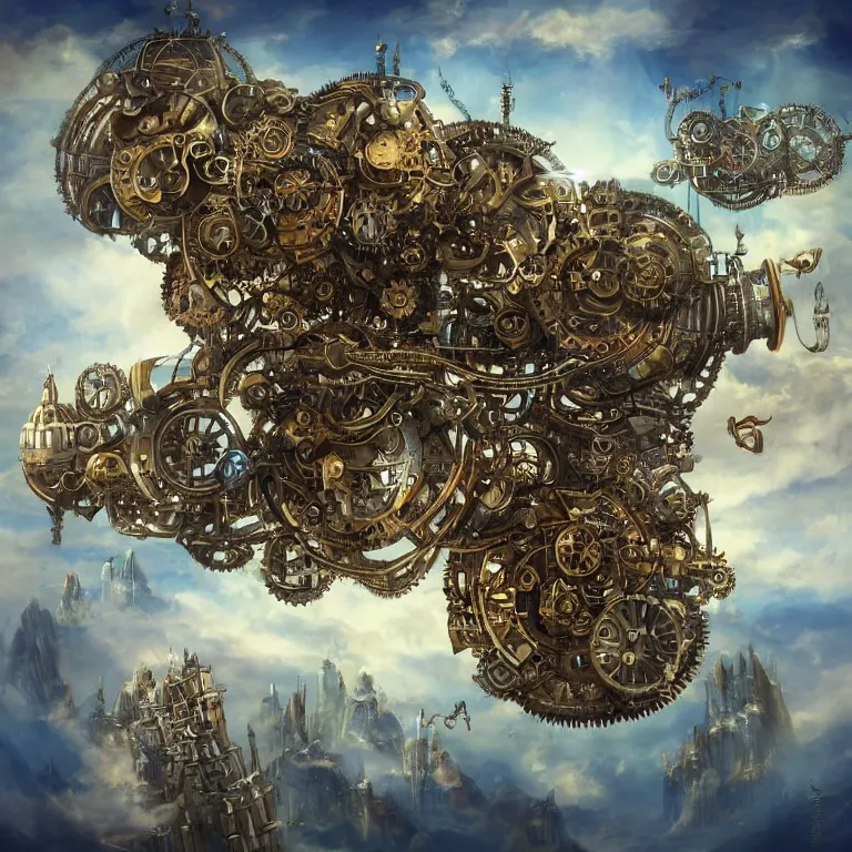 Image similar to flying city in a mechanical flower, sky!, fantasy art, steampunk, masterpiece, behrens style