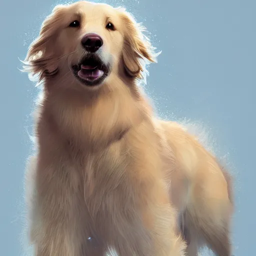 Prompt: portrait of a fluffy golden retriever dog, happy with his mouth open, D&D, fantasy, intricate, cinematic lighting, highly detailed, digital painting, artstation, concept art, smooth, sharp focus, illustration, art by Generate Labs and Kenichi Nishida