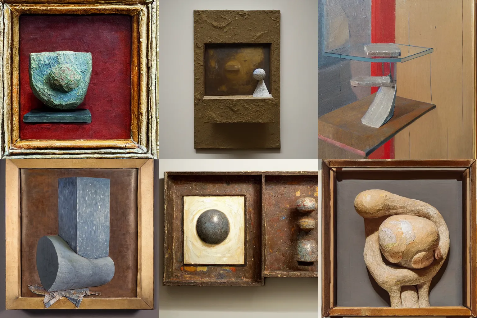 Prompt: a detailed, impasto painting by shaun tan and louise bourgeois of an abstract forgotten sculpture on a shelf by ivan seal and the caretaker